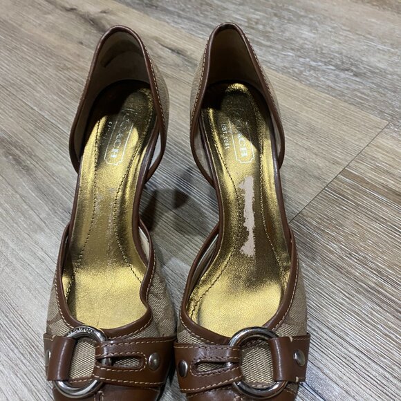 Vintage Coach Monogram Signature Kitten Heel Pumps, Brown Tan Leather Trim - Picture 3 of 7